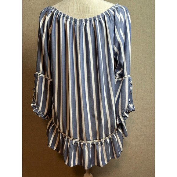 Fever Women Blue White Striped BoHo 3/4 Ruffle Sleeves Shirt Top Blouse Sz Large - Picture 7 of 15